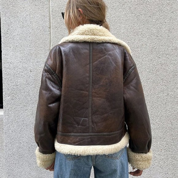 Brown Casual Womens Teddy Lined PU Leather Jacket - Picture 2 of 5